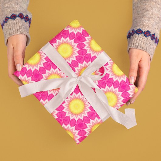 ピンク色ひまわり模様のラッピング紙 転が ラッピングペーパー