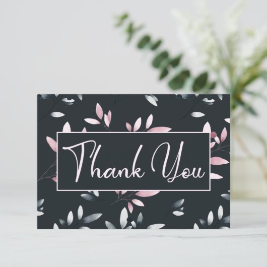 ピンク色エレガントのネイビー色フローラ サンキューカード (スタンド正面)