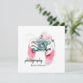 ピンク色カメラ付き水色招待状 招待状 (スタンド正面)