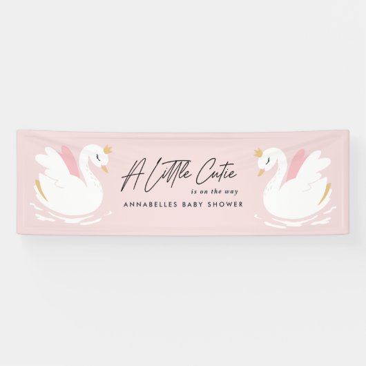 ピンク色ガーリーのかわいい白エレガント鳥のベビーシャワーパーティー 横断幕 (横)