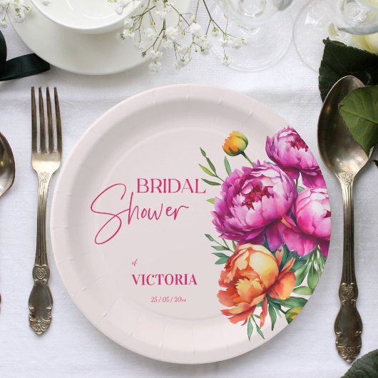 ピンク色マゼンタピーチ牡丹エレガントブライダルシャワー ペーパープレート