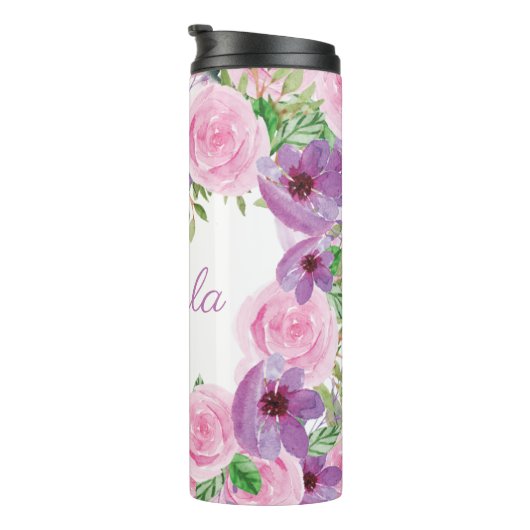 ピンク色モダンの水彩フローラパーソナライズされた タンブラー (回転右)