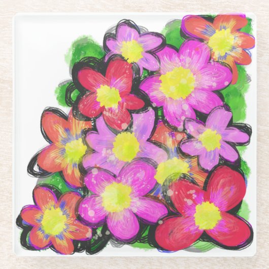 ピンク色彩の鮮やかの花コースター ガラスコースター (正面)