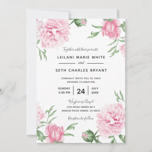 ピンク色彩の鮮やかフローラ牡丹結婚式招待状 招待状 (正面)