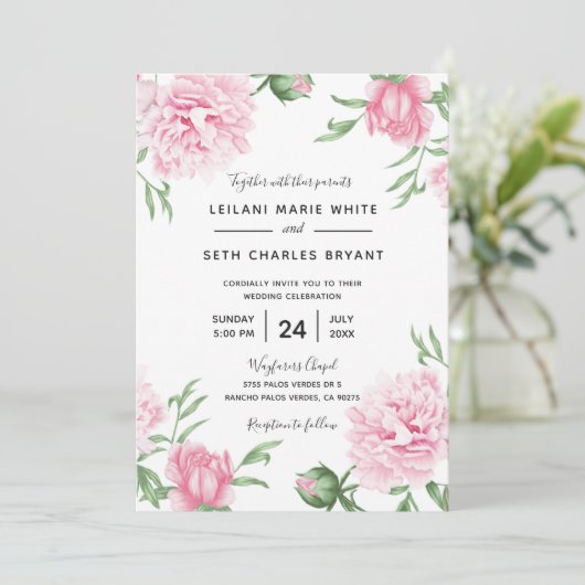 ピンク色彩の鮮やかフローラ牡丹結婚式招待状 招待状 (スタンド正面)