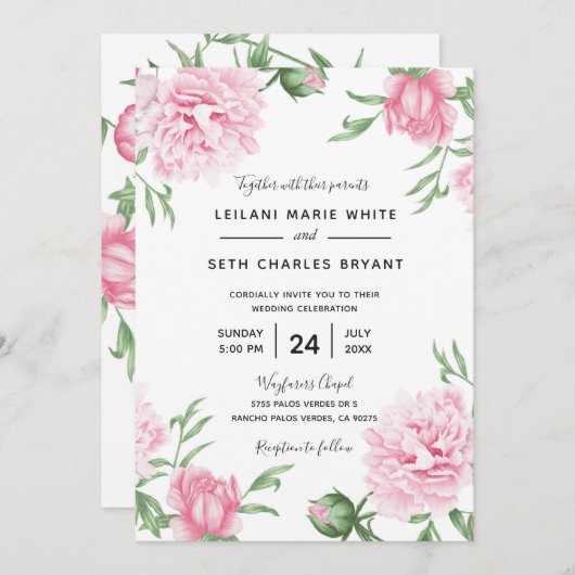 ピンク色彩の鮮やかフローラ牡丹結婚式招待状 招待状 (正面/裏面)
