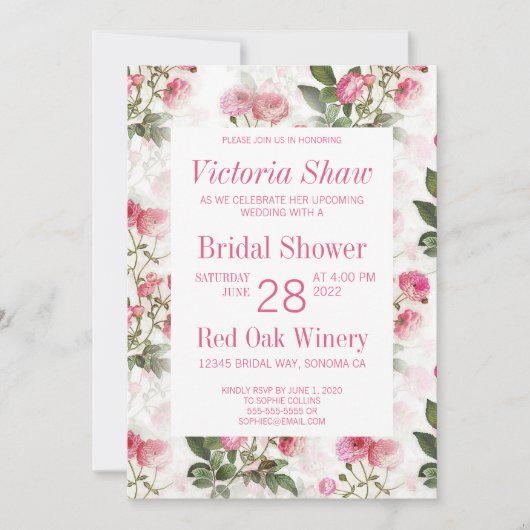 ピンク色彩の鮮やかローズのブライダルシャワーへの招待 招待状 (正面)