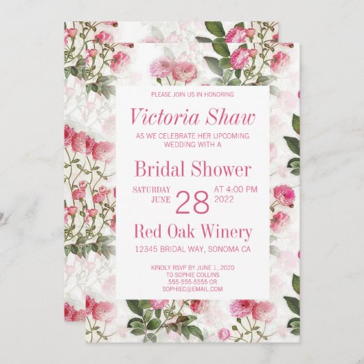 ピンク色彩の鮮やかローズのブライダルシャワーへの招待 招待状 (正面/裏面)