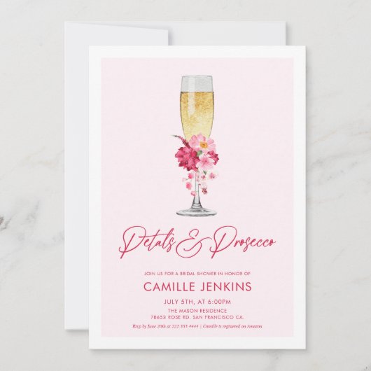 ピンク花びらとプロセッコフローラブライダルシャワー 招待状 (正面)