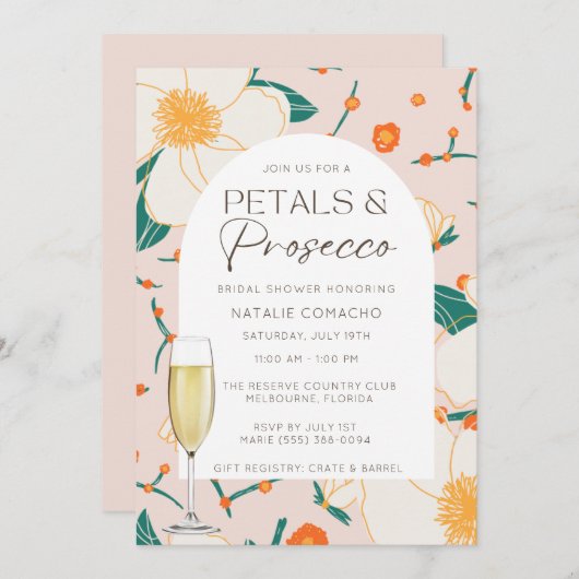 ピンク花びらとプロセッコブライダルシャワーパーティー 招待状 (正面/裏面)