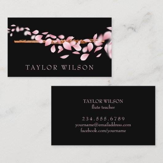 ピンク花びらフルート先生名刺 名刺 (正面/裏面)