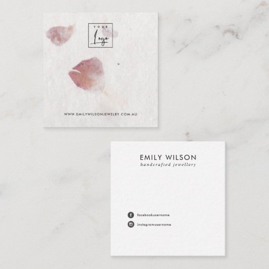 ピンク花びら手作り紙スタッドイヤリングディスプレイ スクエア名刺 (正面/裏面)