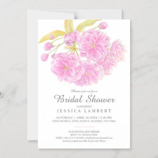 ピンク花春フローラ花ブライダルシャワー マグネット招待状 (正面)