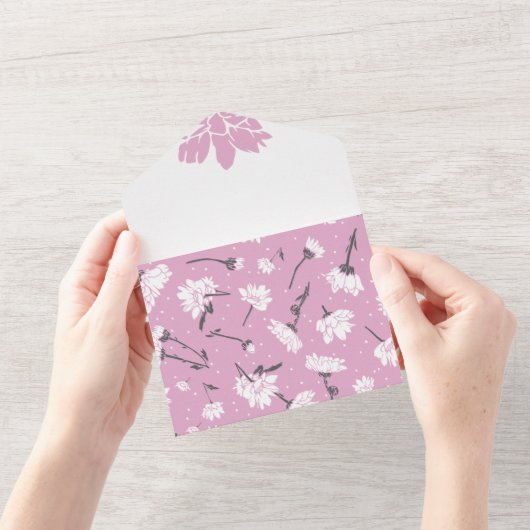 ピンク花柄デザインエレガント – フラワーアート オールインワン招待状 (開いている状態)