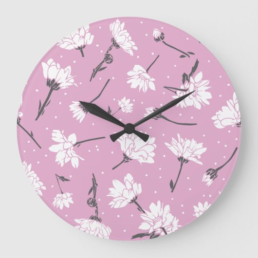 ピンク花柄デザインエレガント – フラワーアート ラージ壁時計 (正面)