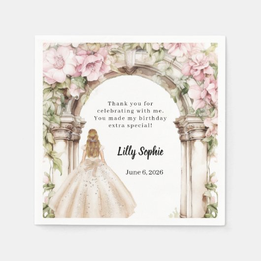 ピンク花模様のアーチドレス誕生日 スタンダードカクテルナプキン (正面)
