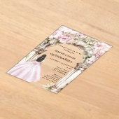 ピンク花模様のアーチドレ澄んスキンセアニェラ アクリル招待状 (レイダウン)