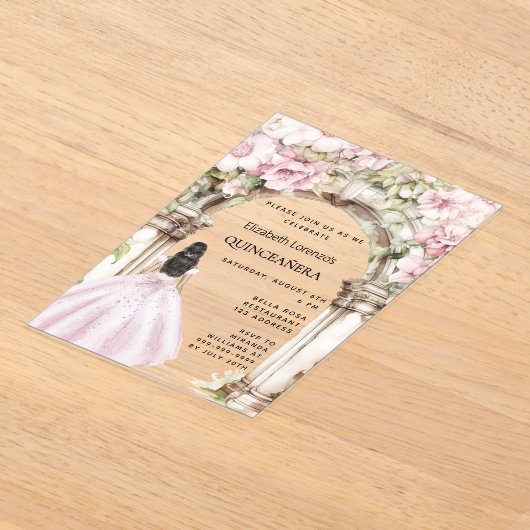 ピンク花模様のアーチドレ澄んスキンセアニェラ アクリル招待状 (レイダウン)