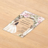 ピンク花模様のアーチホワイトドレ澄んスキンセアニェラ アクリル招待状 (レイダウン)