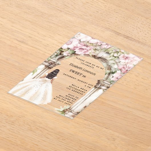 ピンク花模様のアーチホワイトドレ澄んススイート16 アクリル招待状 (レイダウン)