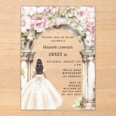 ピンク花模様のアーチホワイトドレ澄んススイート16 アクリル招待状 (正面)