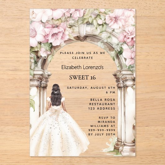 ピンク花模様のアーチホワイトドレ澄んススイート16 アクリル招待状 (正面)