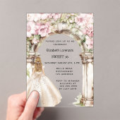 ピンク花模様のアーチホワイトドレ澄んススイート16 アクリル招待状 (インサイチュ (ポータブル))