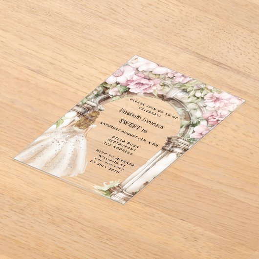 ピンク花模様のアーチホワイトドレ澄んススイート16 アクリル招待状 (レイダウン)