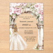 ピンク花模様のアーチホワイトドレ澄んススイート16 アクリル招待状 (正面)
