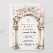 ピンク花模様アーチベージュガールバプテスマ 招待状 (正面)