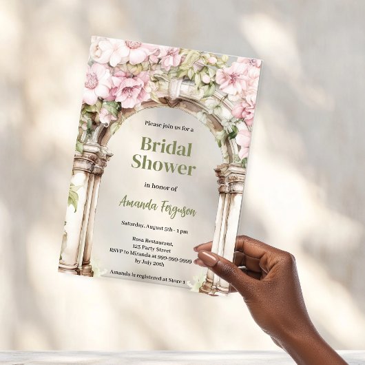 ピンク花模様アーチベージュ澄んブライダルシャワー アクリル招待状