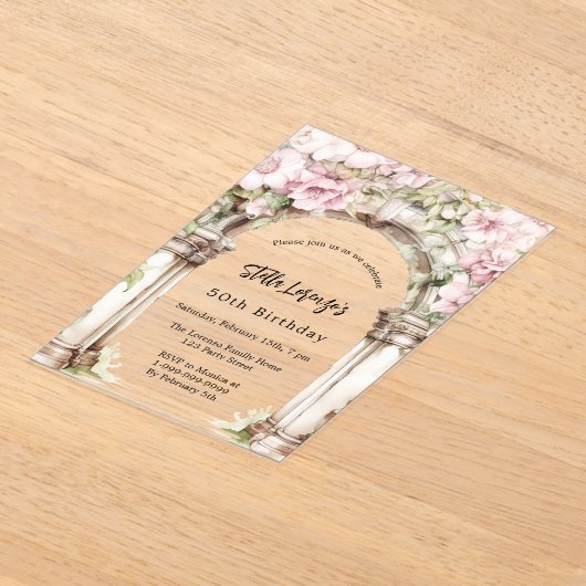 ピンク花模様アーチベージュ澄ん誕生日 アクリル招待状 (レイダウン)