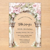 ピンク花模様アーチベージュ澄ん誕生日 アクリル招待状 (正面)