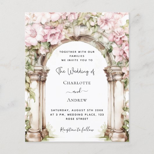 ピンク花模様アーチ結婚式招待状 (正面)