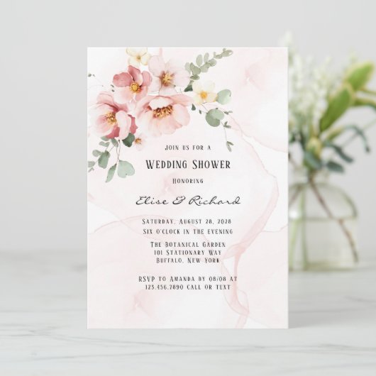 ピンク花模様エレガントユーカリウェディングシャワー 招待状 (スタンド正面)