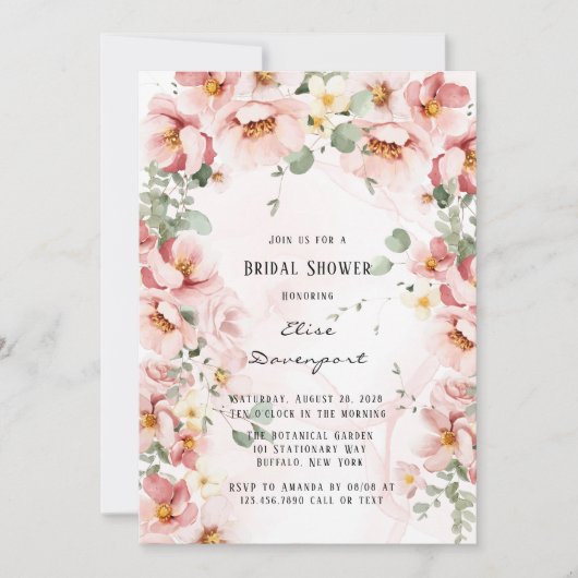 ピンク花模様エレガントユーカリブライダルシャワー 招待状 (正面)