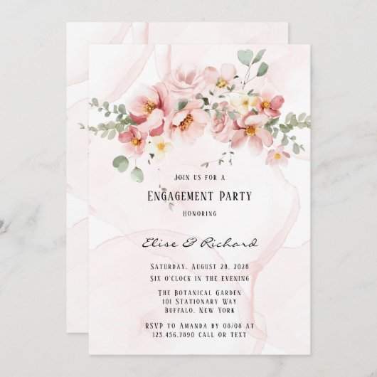 ピンク花模様エレガントユーカリ婚約パーティ 招待状 (正面/裏面)