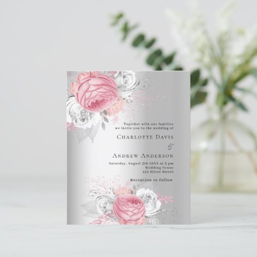 ピンク花模様シルバー予算結婚式招待状 (スタンド正面)