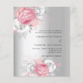 ピンク花模様シルバー予算結婚式招待状 (正面)