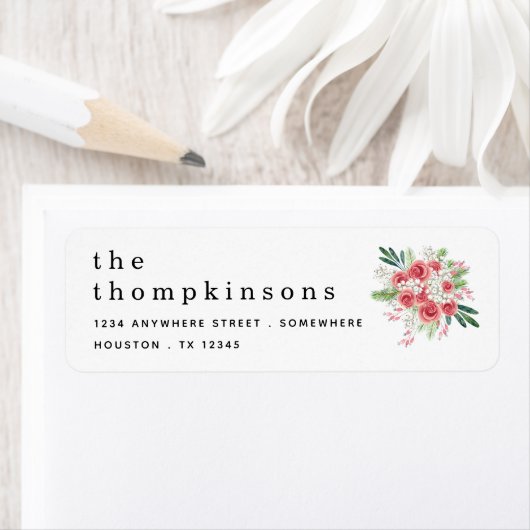 ピンク花模様ズベリー名差出人住所クリスマス ラベル (インサイチュ)