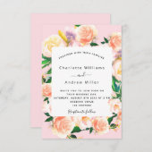 ピンク花模様バラ結婚金ゴールド 招待状 (正面/裏面)