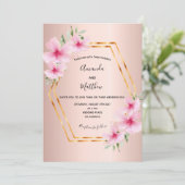 ピンク花模様バラ金ゴールド幾何結婚性 招待状 (スタンド正面)