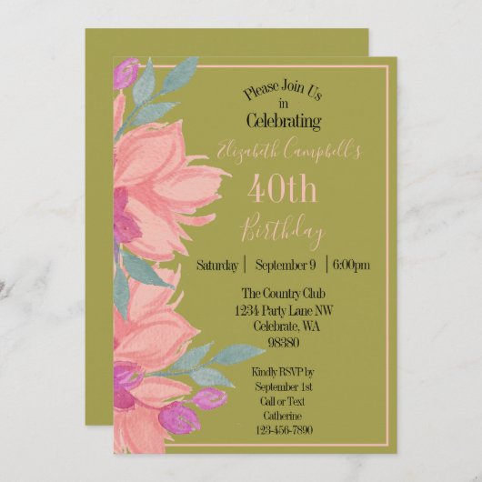 ピンク花模様パーソナライズされた誕生日 招待状 (正面/裏面)