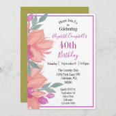 ピンク花模様パーソナライズされた誕生日 招待状 (正面/裏面)