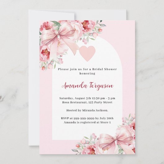 ピンク花模様弓アーチハートブライダルシャワー 招待状 (正面)