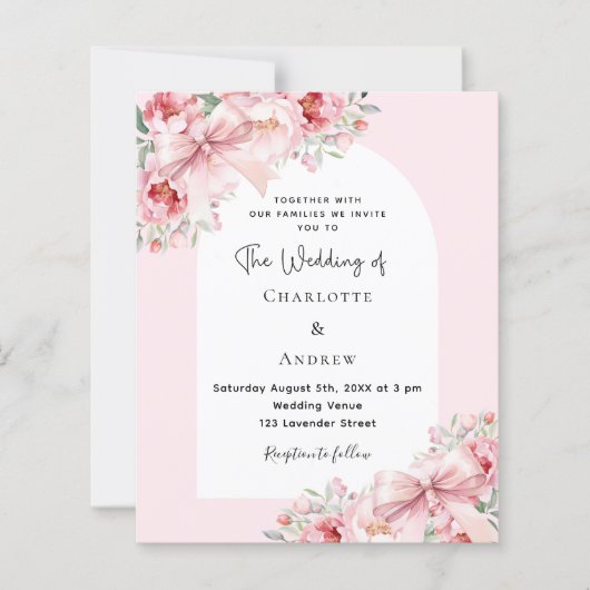 ピンク花模様弓アーチ結婚式招待状 (正面)