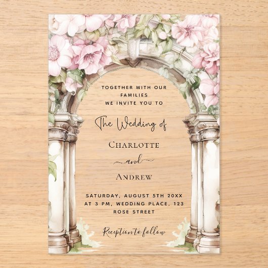 ピンク花模様澄ん結婚アーチ アクリル招待状 (正面)