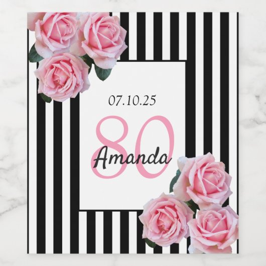 ピンク花模様白黒ストライプ80歳の誕生日 ワインラベル (シングルラベル)