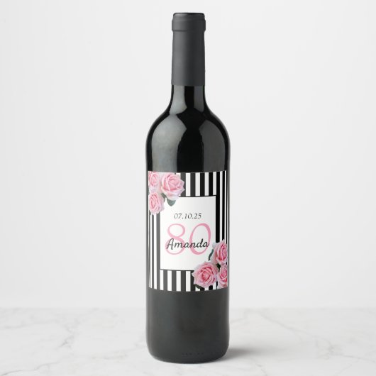 ピンク花模様白黒ストライプ80歳の誕生日 ワインラベル (正面)