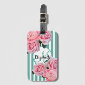 ピンク花模様緑の白いストライプモノグラム ラゲッジタグ (正面縦)
